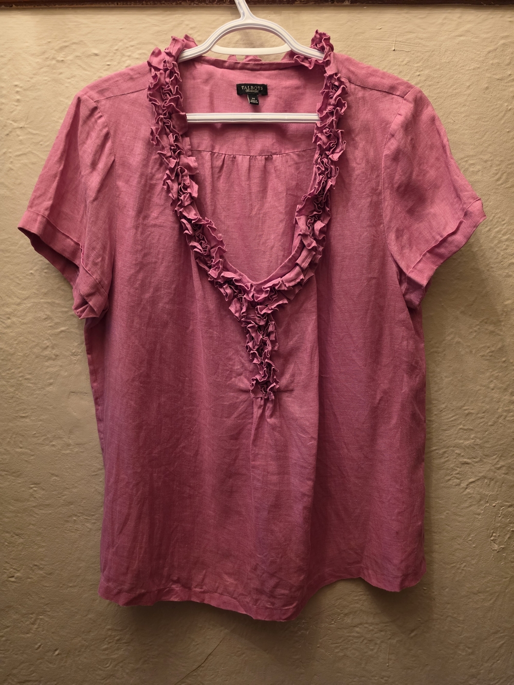 Talbots Pure Linen Pink Ruffle Neck Blouse Size 14 - Picture 2 of 11